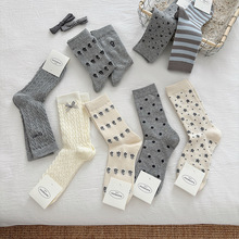 suxinaimin灰色袜子女中筒袜ins潮秋冬miu系小花堆堆袜蝴蝶结长袜