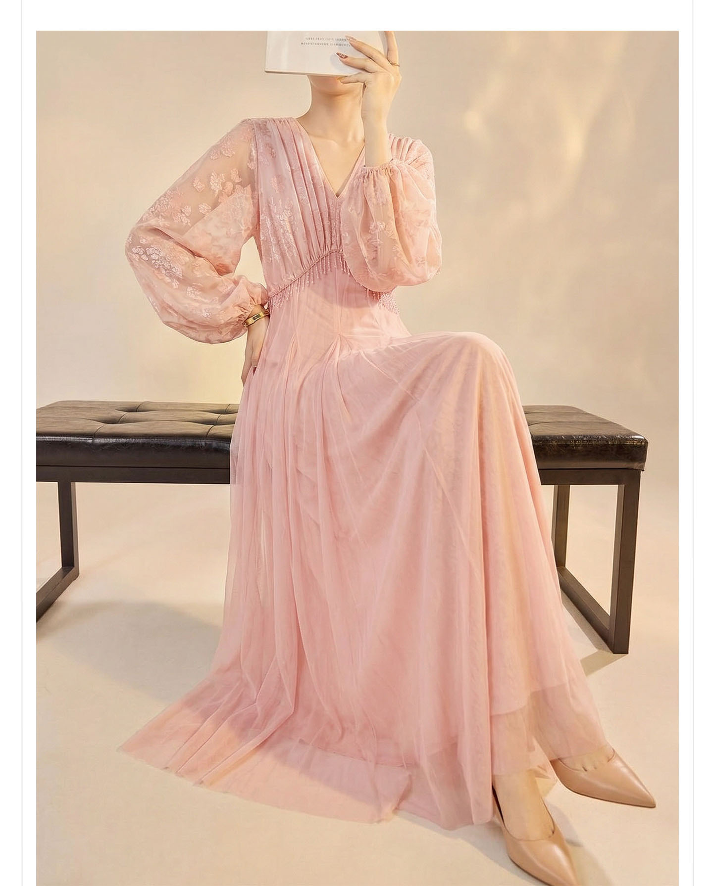 Đầm maxi nữ cổ V tay dài phong cách Trung Quốc mới, thiết kế thắt eo, dáng suông nhẹ — màu hồng chi tiết 5