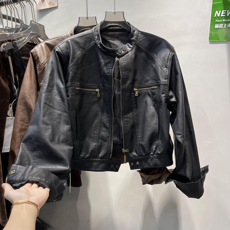 海宁皮衣外套女复古港风圆领宽松夹克上衣小个子美式皮衣机车服潮|undefined