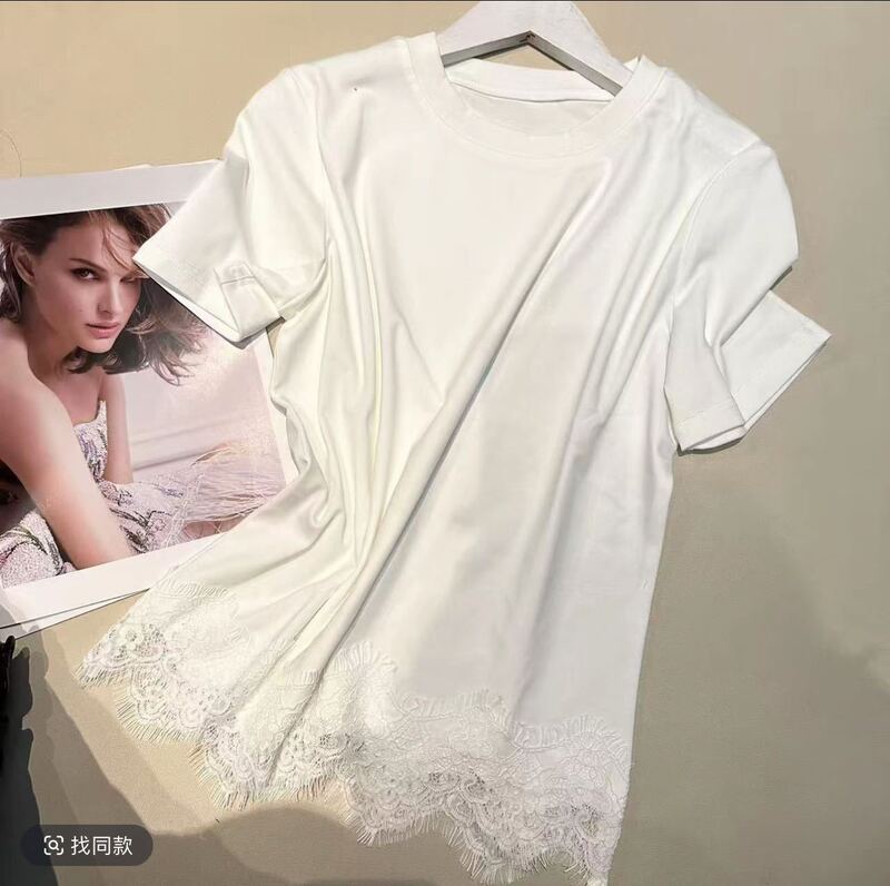 Plus-Size Women's Clothing for Fat Girls, Simple Round-Neck Loose Short-Sleeved T-Shirt, Mid-Length Lace Hook-And-Loop Patchwork Style Base Shirt Plus-Size Women's Clothing for Fat Girls, Simple Round-Neck Loose Short-Sleeved T-Shirt, Mid-Length Lace Hook-And-Loop Patchwork Style Base Shirt