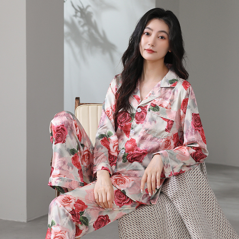 [Rose Story] Ice Silk Pajamas Women's Spring and Summer Long Sleeve Pants Pajamas Set Satin High-Quality Simulated Silk Pajamas