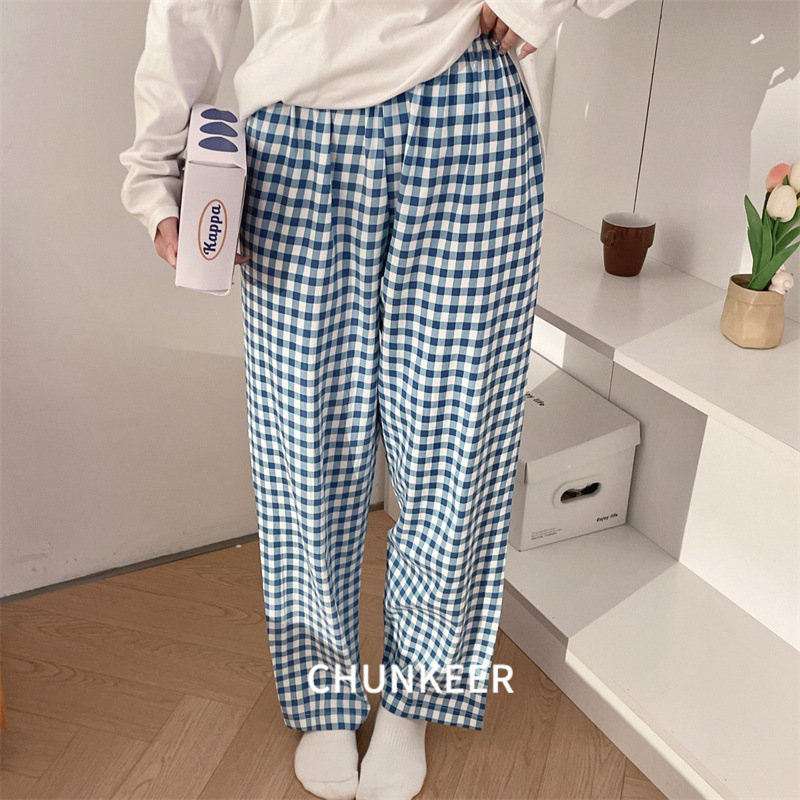 새로운 플레드 팬츠 파자마 여성 봄과 가을 레저 얇은 여름 외부 착용 가능 느슨한 플러스 사이즈 뚱뚱한 MM 홈 팬츠