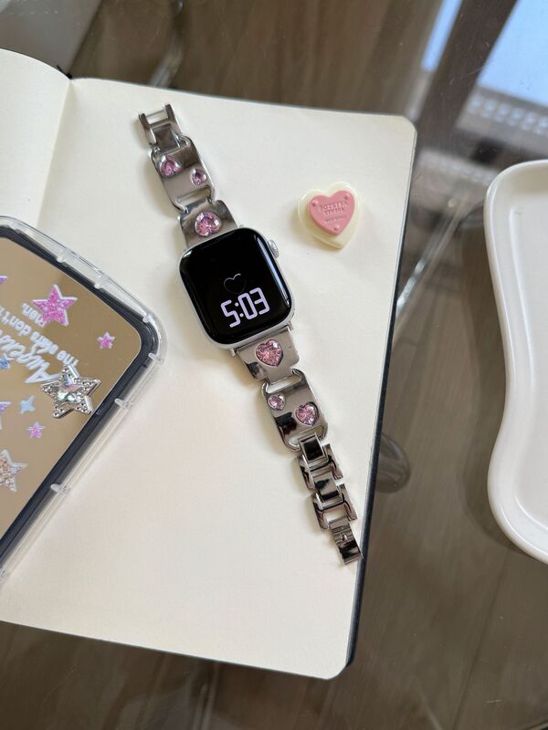 Apple Watch iwatch 10th Generation 987654Ultra/SE に適したピーチ ハート ダイヤモンド メタル リング ストラップ|undefined
