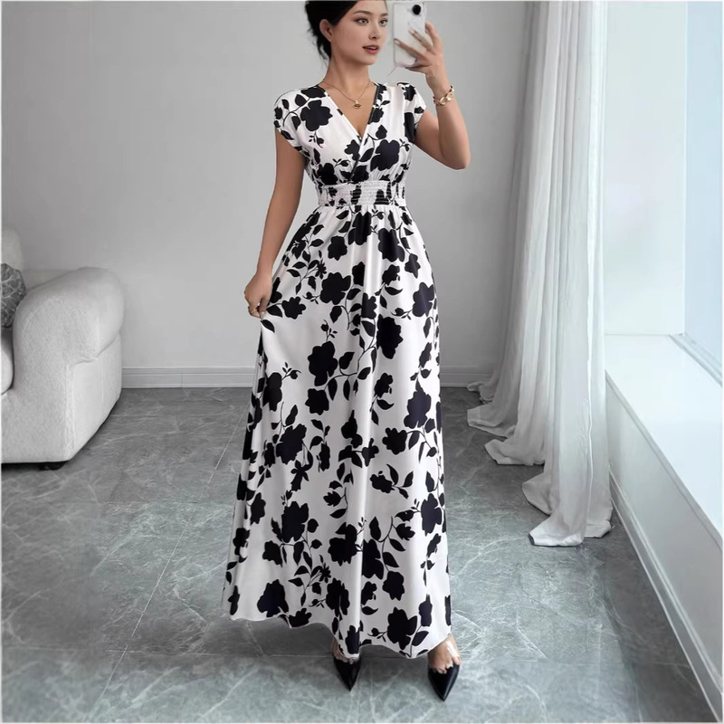 Short-Sleeved Tie-Up Dress Amazon's New Printed V-Neck Long Dress Cross-Border Summer Waist-Cinching Women's Clothing Short-Sleeved Tie-Up Dress Amazon's New Printed V-Neck Long Dress Cross-Border Summer Waist-Cinching Women's Clothing