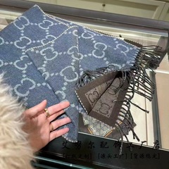 GG 新しいスカーフデニムブルー高品質ウールスカーフ女性の多用途両面レターショール小紅書と同じスタイル