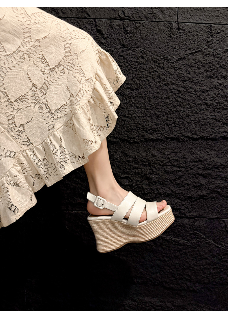 Sandal cao gót nữ hở mũi quai ngang đế xuồng da thật — màu đen, màu trắng ngà chi tiết 13