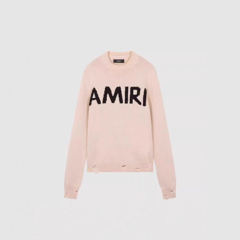 Autumn and Winter New Ami Letter Men's and Women's Same Style Pullover Knitted Sweater with Holes High Street Round Neck Long Sleeves