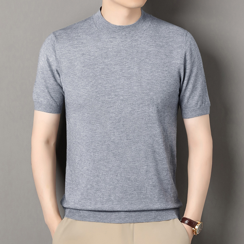 Fashionable solid color knitted casual short sleeve T-shirt