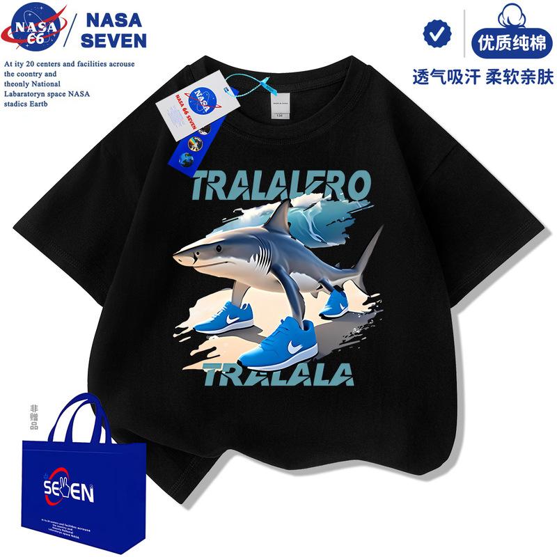 NASA アメリカの山と海の経典 純綿 Tシャツ 子供用 夏新作 忍者サメ 半袖 男の子 トップス|undefined