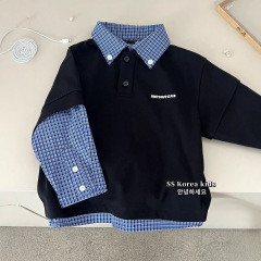 韓国子供服男の子シャツ 2025 秋の新スタイル子供偽ツーピースチェック柄シャツベビーファッショナブルなトップトレンディ