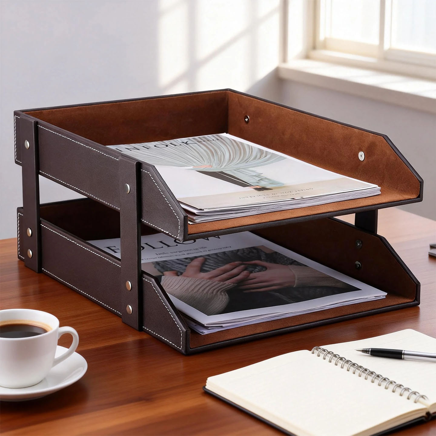 Estante para archivos A4 de doble capa de cuero, soporte para documentos, bandeja para archivos de escritorio, estante de almacenamiento, soporte para archivos creativo, papelería, lujo ligero.
