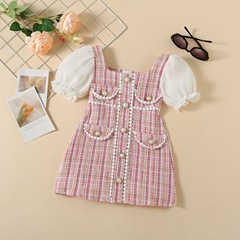 Children's Han-style dress with a medium-sized rough plaid, pearl button decoration, small fur ball embellishment, and a small Shalimar-style bubble sleeve.
