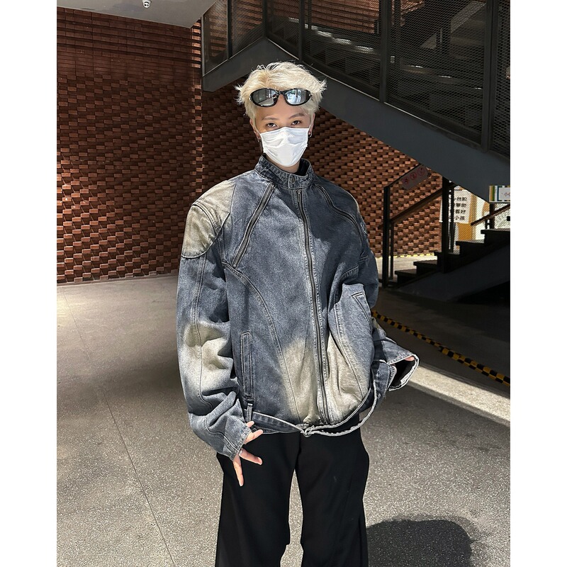 Men's High Street American Style Jacket Short Armor Style Design Washed Vertical Collar Waist Belt Shoulder Pad Denim Jacket Men's High Street American Style Jacket Short Armor Style Design Washed Vertical Collar Waist Belt Shoulder Pad Denim Jacket