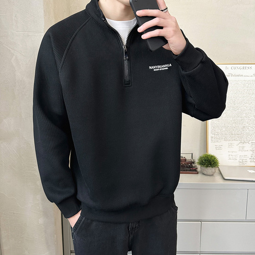 Semi-zipper hoodie men's stand-collar spring and autumn loose casual long-sleeved top men's outer fashion brand embroidered bottoming shirt
