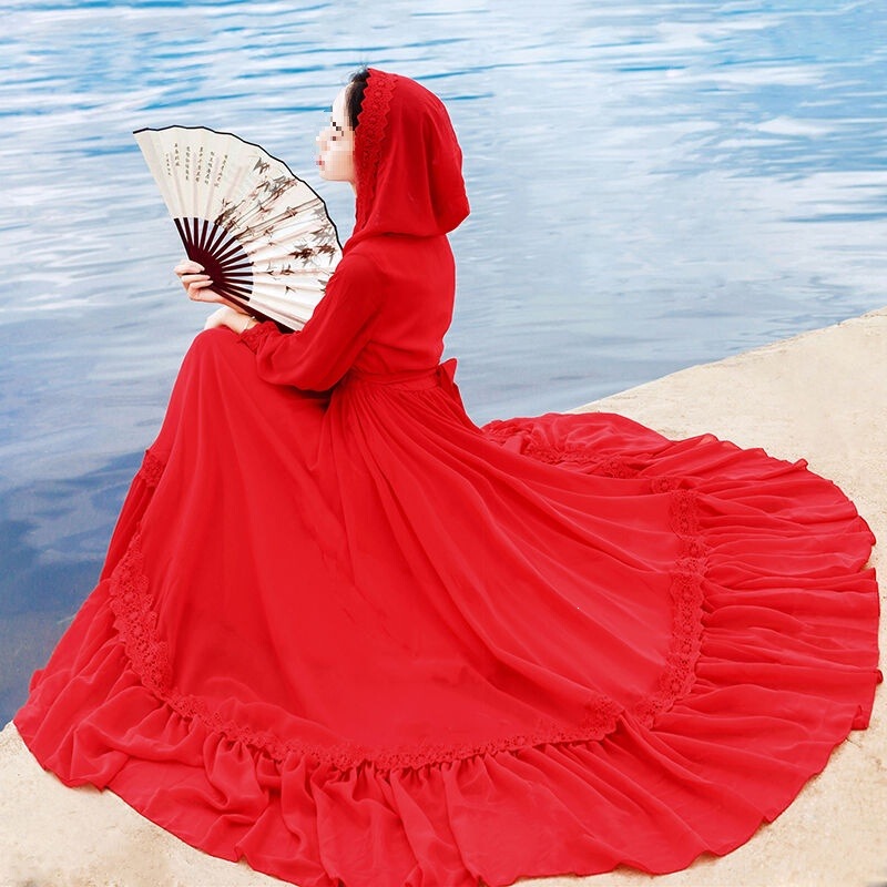 Chaka Salt Lake Travel Photography Long Dress New Fairy Red Chiffon Dress Hooded Vacation Beach Dress Long Skirt with Large Hem