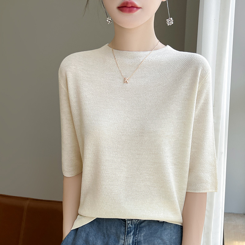 Summer New Light Mature Style Half-high Neck Knitted Half-sleeve T-shirt Women's Thin Elegant Base-layer Shirt Half-sleeve Top