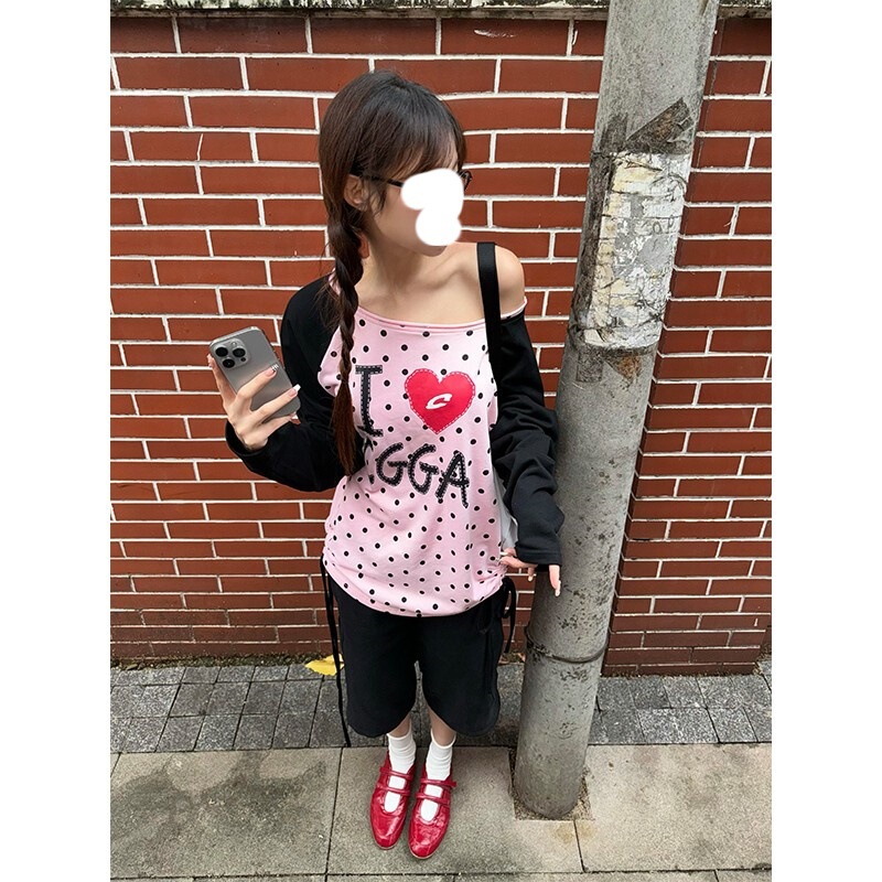 美式爱心波点撞色拼接插肩袖长袖斜肩T恤女早秋辣妹宽松斜领上衣|undefined