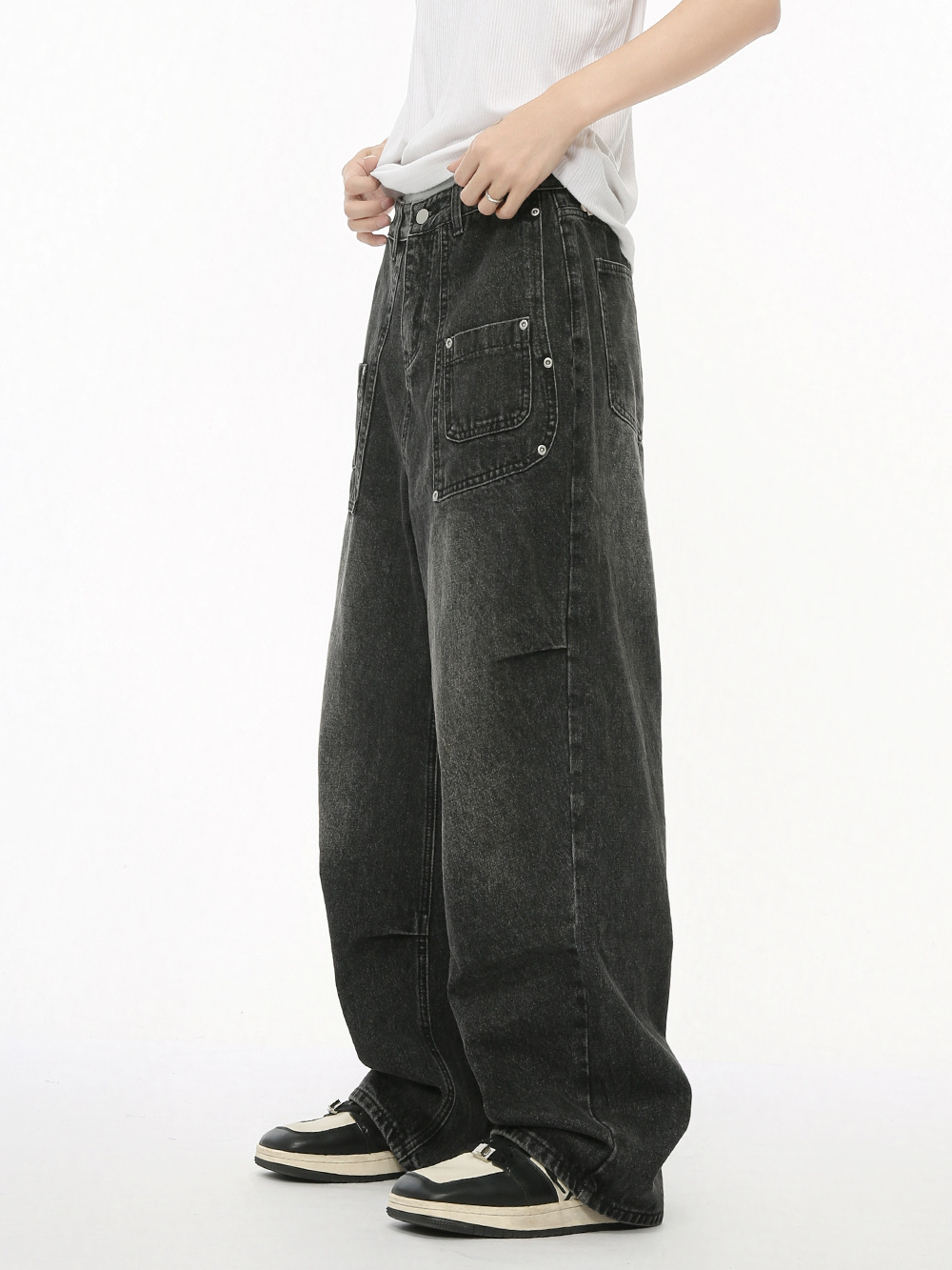 MTLCLOTHES Hombres| Otoño nicho bolsillo de empalme callejera alta recta pantalones de pierna ancha lavado con agua jeans sueltos