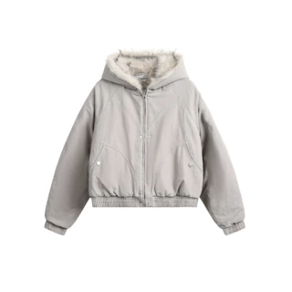冬季韩系慵懒风 毛绒连帽加厚保暖棉服 男女同款宽松极简质感外套