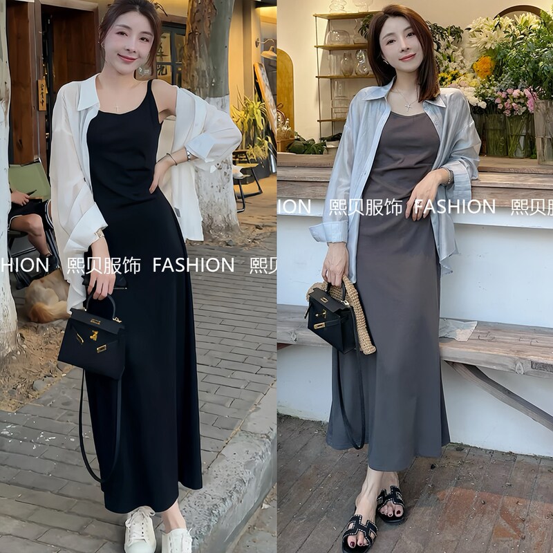 Summer dress with a set of sunscreen long sleeve shirt suspenders dress two-piece age-reducing beautiful foreign-style suit women
