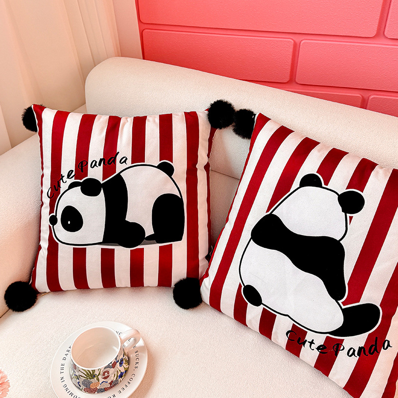 Almohada con estampado de panda de tira vertical, funda de almohada, sofá de sala de estar, almohada de cintura abstracta con estampado de cabecera, bola de pelo