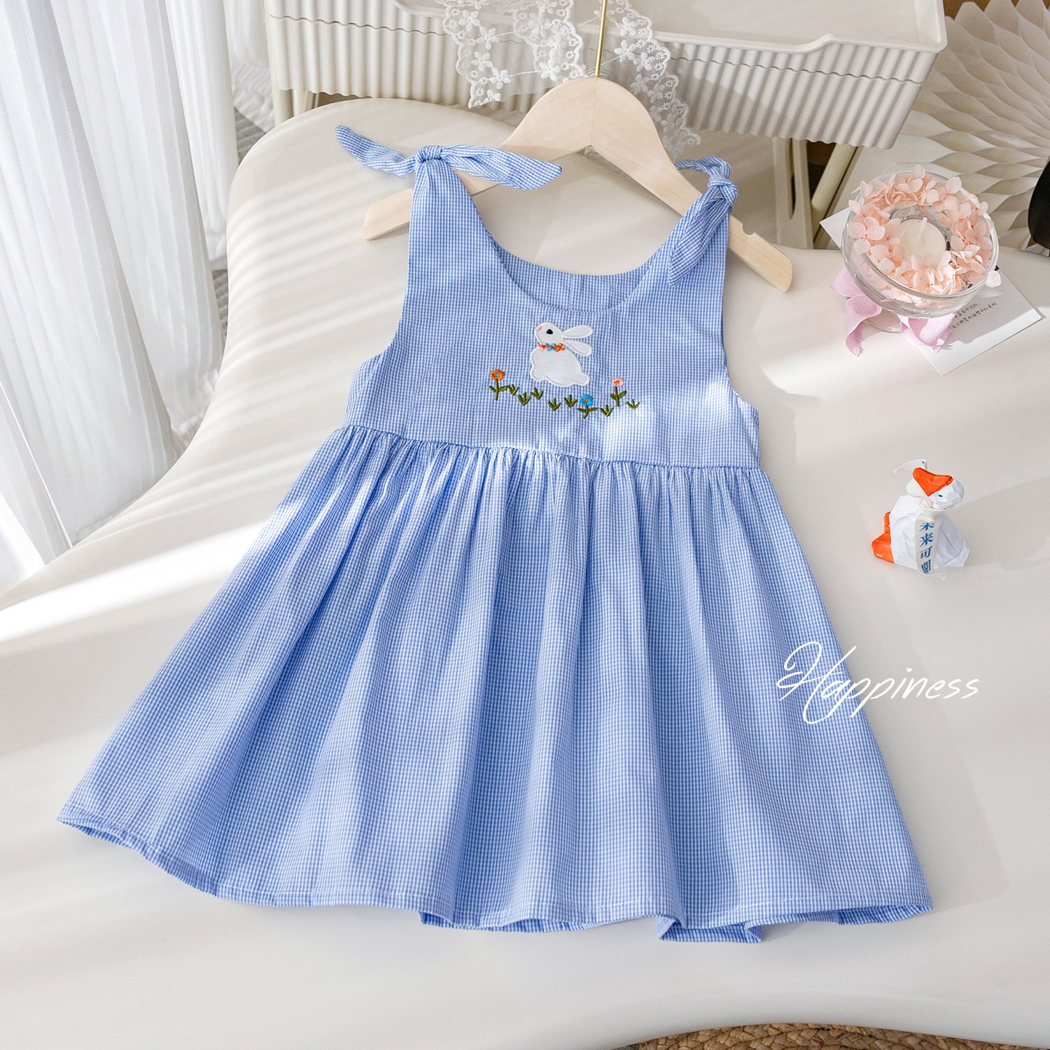 Girls pastoral style patterned vest skirt summer new style rabbit embroidered bow suspender skirt baby summer skirt