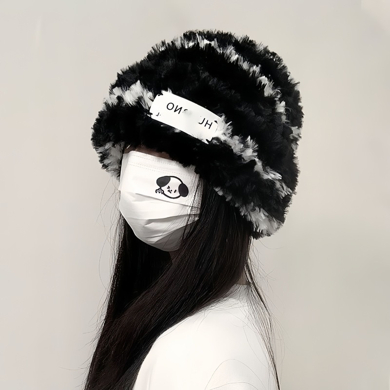 针织帽子女冬季纽扣毛线帽条纹显脸小毛绒保暖加厚大头围护耳冬帽|undefined
