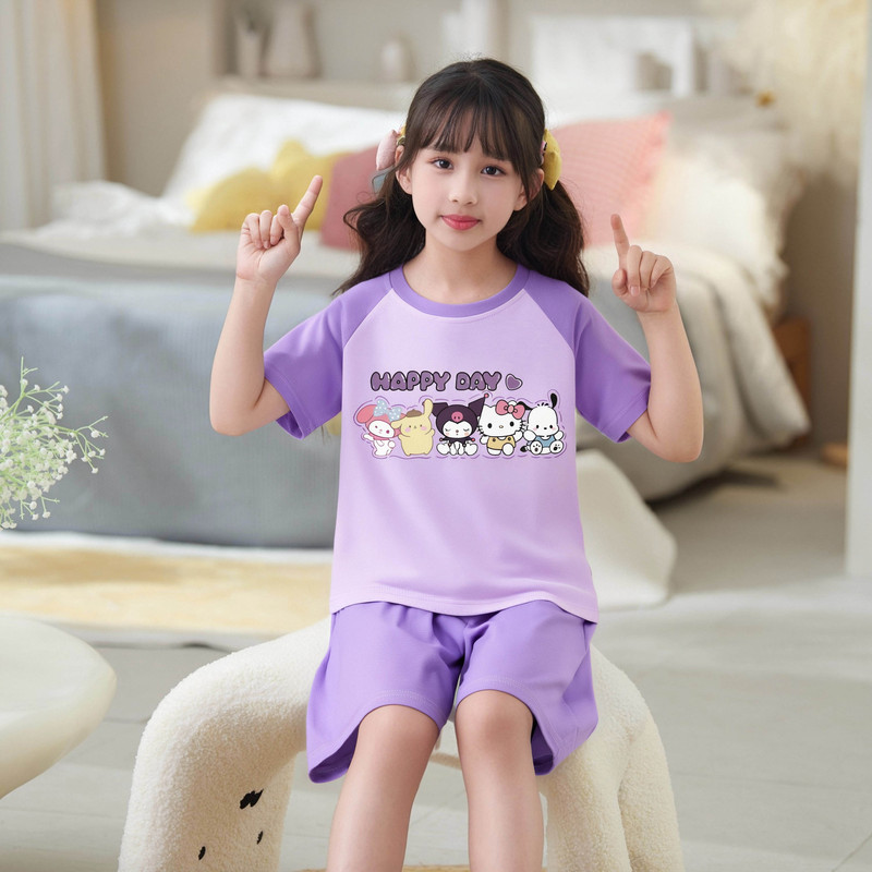 2025 new girls summer pajamas suit cotton short sleeve thin princess style girls big children children's home clothes