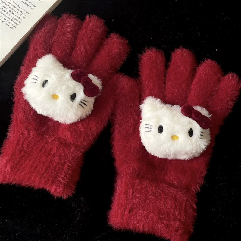 Зимние перчатки (Hello Kitty), искусственный кроличий мех, рождественский уютный красный, сенсорное управление
