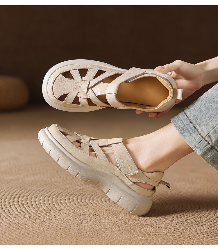 Sandal nữ đế dày da cừu phối quai ngang phong cách học đường — màu đen, màu trắng ngà chi tiết 24
