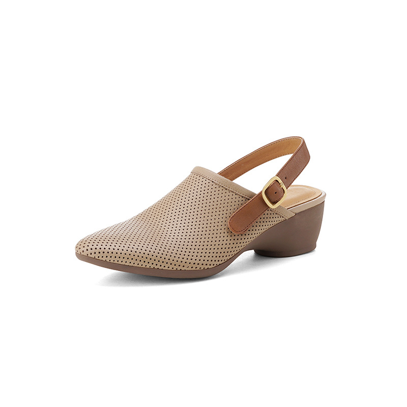 Dép sandal nữ quai chữ V đế xuồng mũi nhọn, gót trung bình, thiết kế lỗ thoáng khí — Màu trắng nhạt