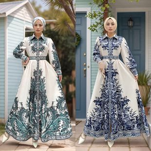 M325 # Middle Eastern Women's Positioning Floral Long Skirt Muslim Dress Lantern Sleeve Waist Long Dress with Large Hem