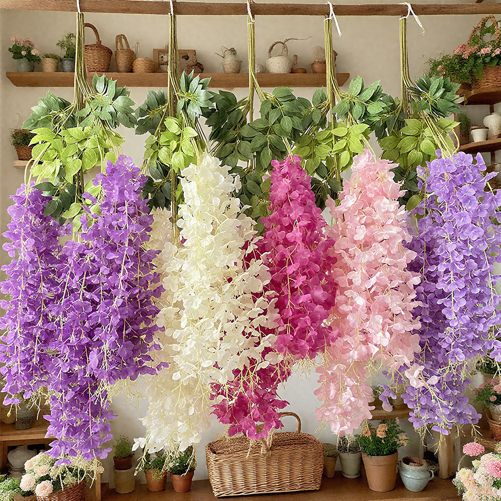 Simulación flor de glicina de 6 hojas flor falsa flor de techo violeta flor de boda de glicina decoración de flores de ratán decoración de flores vid