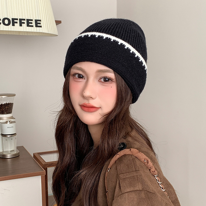 韩系简约百搭撞色针织帽子女秋冬季保暖护耳毛线帽显脸小包头冷帽|undefined