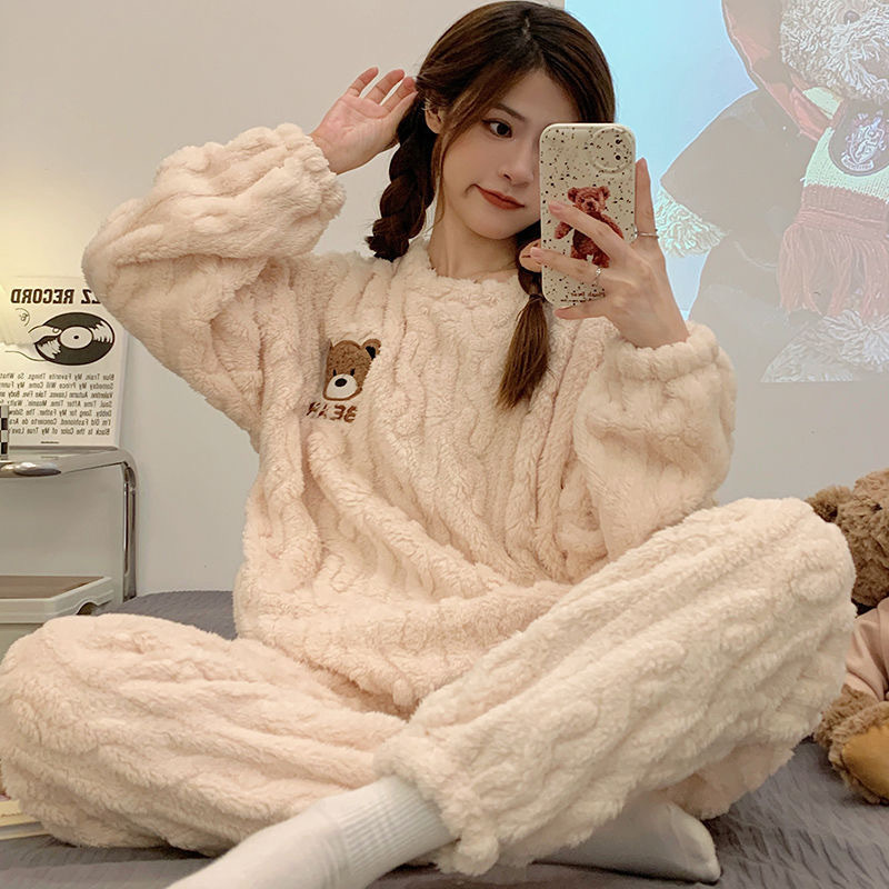 Winter Floral Velvet Thickened Pajamas for Women, Long-Sleeve Popular Warm Thickened Fleece Pajamas, Fleece Loungewear Women's Set