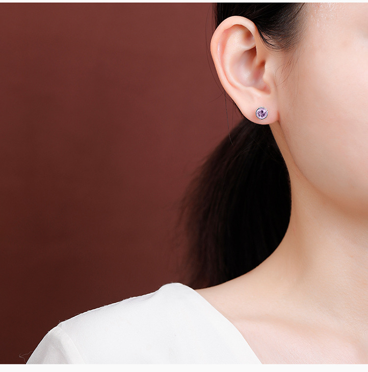 Bông tai bạc S925 đính đá thạch anh tím citrine mặt cắt hình tròn — Kiểu pha lê vàng chi tiết 6