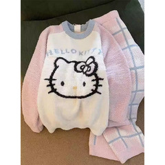 かわいいアニメの子猫の半分のベルベットのパジャマの女性の冬の2024はニットのズボンの部屋の服のスーツを厚くします