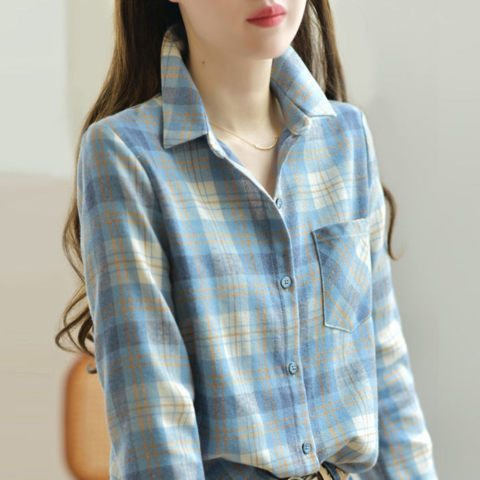 蓝色格子衬衫女长袖2025秋装新款女装磨毛休闲衬衣早秋上衣女|undefined