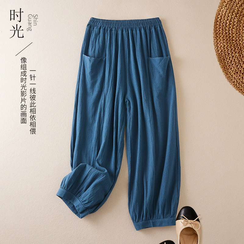 Женские летние брюки-фонарики из 100% хлопка и льна, новые, девятитычные, художественные, повседневные, свободные, с завязками на штанинах, универсальные, в стиле шаровары
