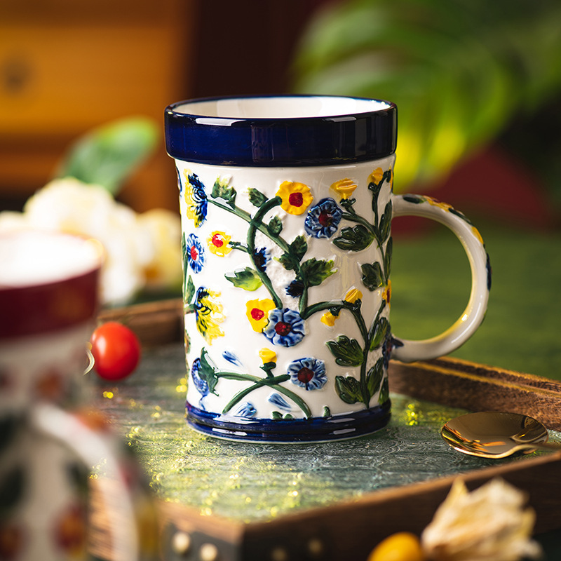 海棠杯子家用马克杯带盖复古陶瓷茶杯精致水杯办公室早餐杯情侣杯|undefined