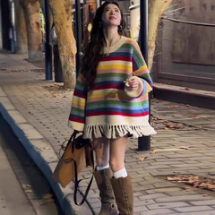 韩系穿搭彩虹条纹流苏套头毛衣女秋冬加厚宽松慵懒风中长款针织衫