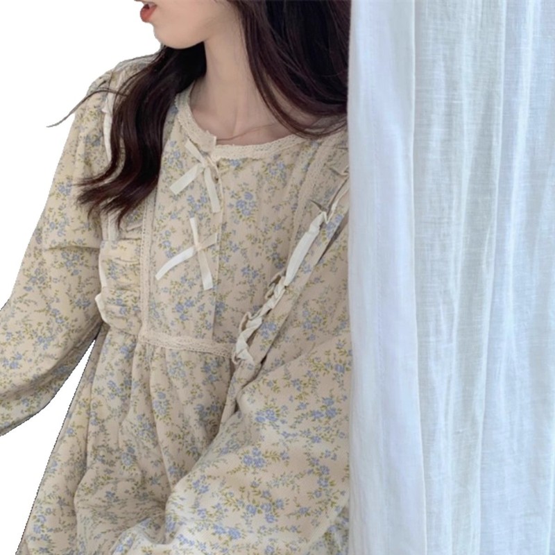 法式甜美睡衣女款春秋季2025年新款长袖蝴蝶结碎花家居服套装圆领|undefined
