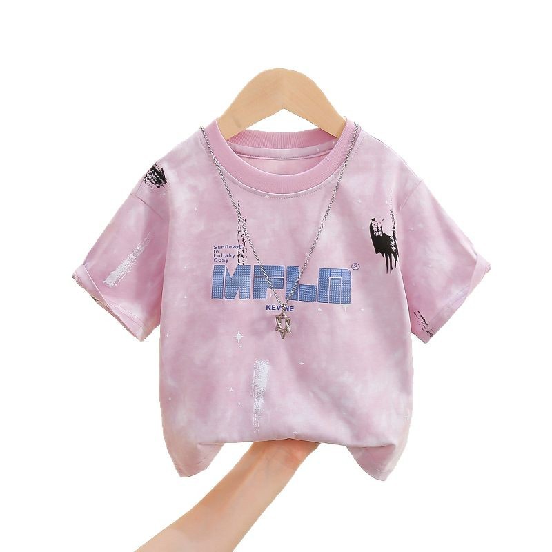 7821 Camiseta de manga corta de verano para niños 2025 nuevo estilo estilo occidental chico guapo rosa tie-dye media manga t top bebé