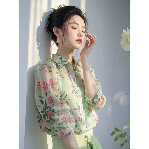 Green shirt, floral print