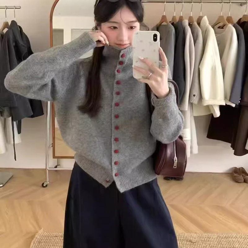 温柔风高领单排扣纯色针织开衫女2025秋冬季新款宽松百搭毛衣上衣|undefined