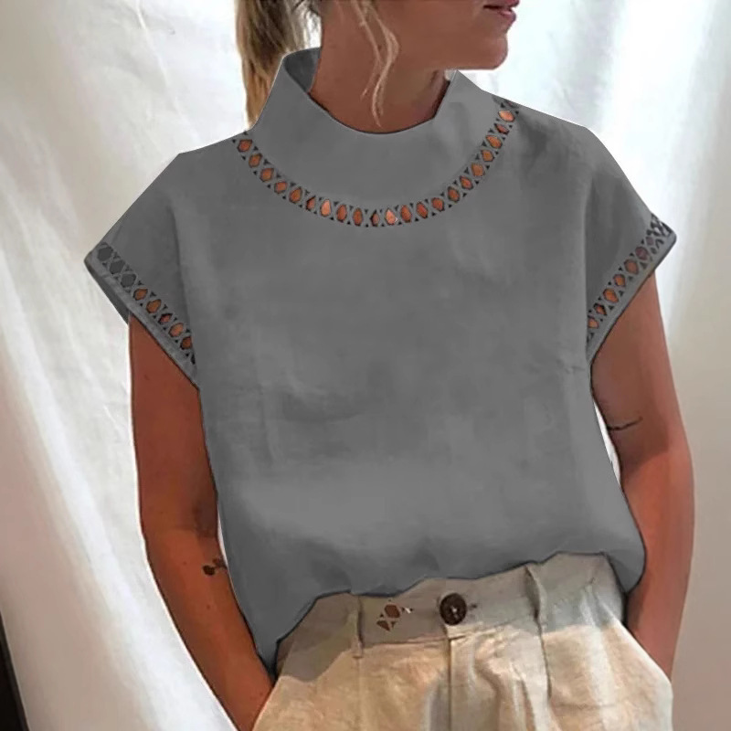 Wish Independent Station Women's Solid Color Hollow Top Casual High Collar Linen Lace Breathable Shirt in stock
