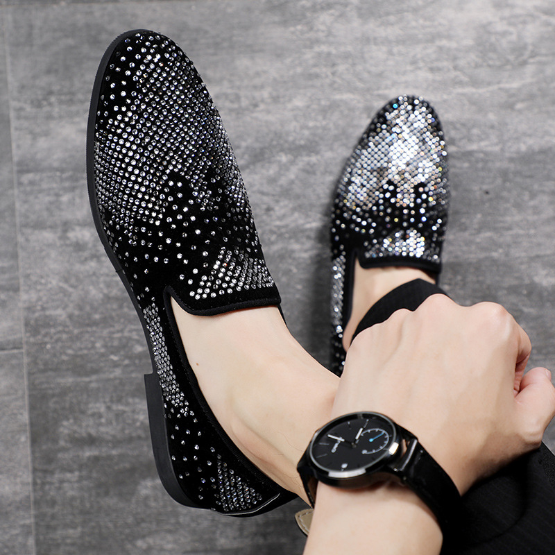 Men's Small Leather Shoes Tide Loafers Rhinestone Pointed Toe Leather Shoes_vogvips.com