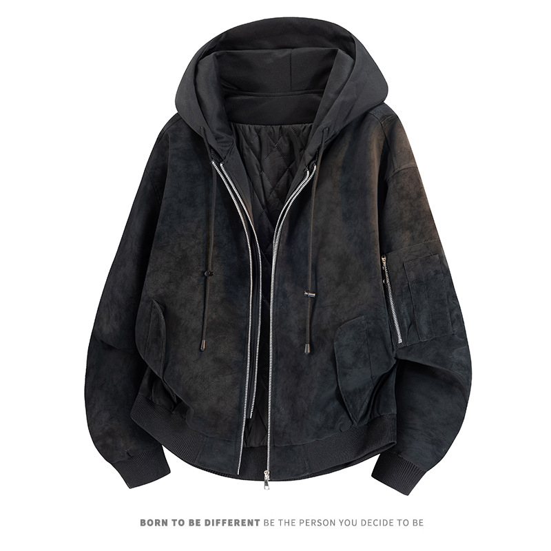 假两件皮棉衣男士时尚连帽外套潮流夹克加厚耐磨防风外套