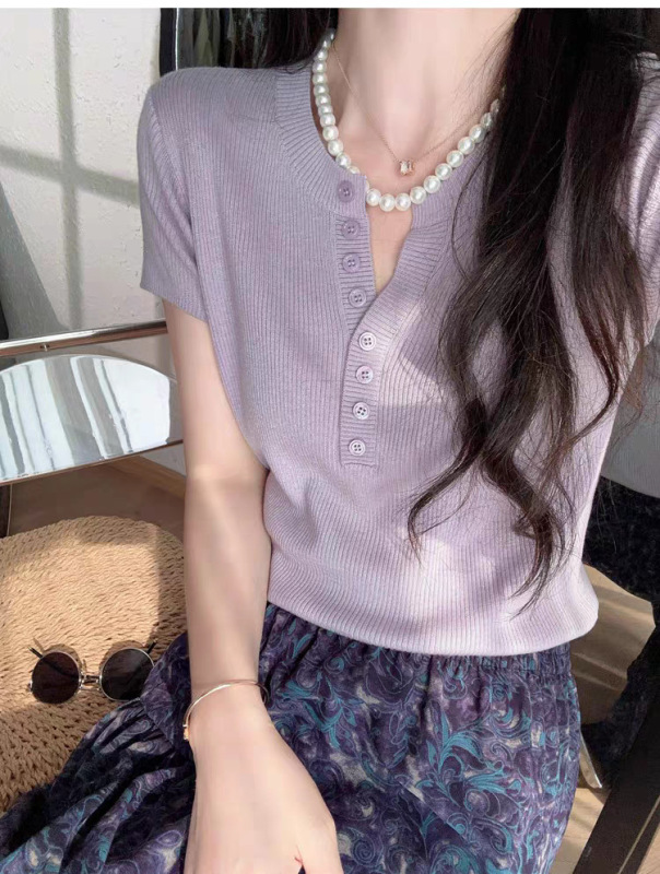 フレンチミルク黄色半ボタンvネック半袖tシャツ女性2025春夏修身洋気百合坑条ニット上着|undefined
