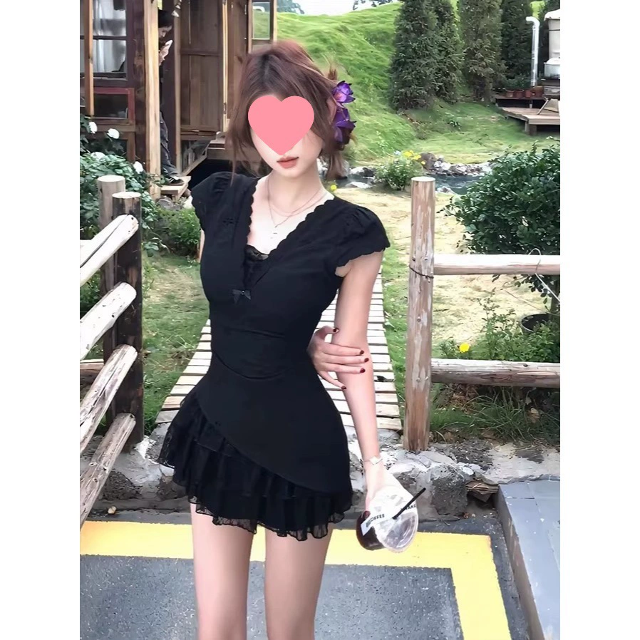 [Cold Charm] Кружевное платье необычного дизайна, женское летнее платье с талией, короткое маленькое черное платье